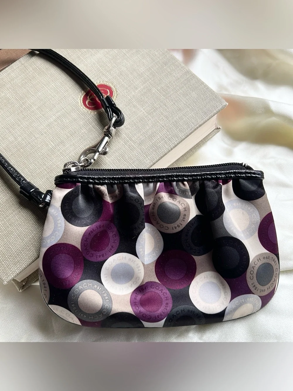 Coach Vintage Multicolor Purple Satin Signature Circles pattern Zip Wristlet Bag